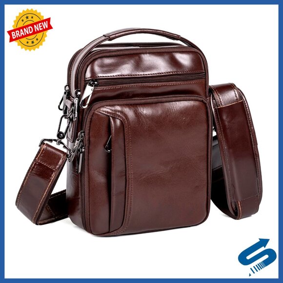 Genuine Leather Messenger Bag Crossbody Shoulder Travel Bag Multiple Pockets